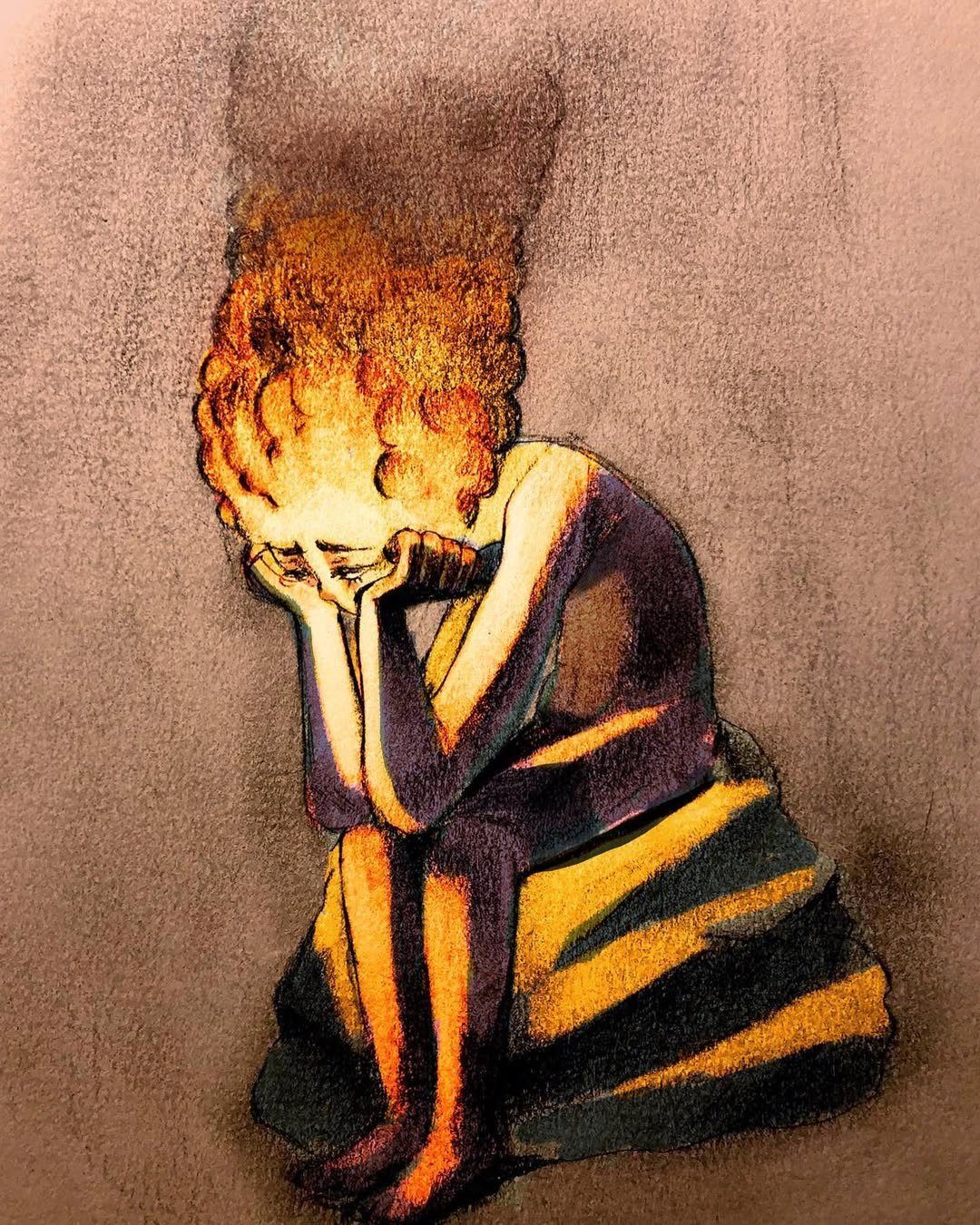 Figure with its head in its hands, hair replaced by flame, wrapped in a striped blanket