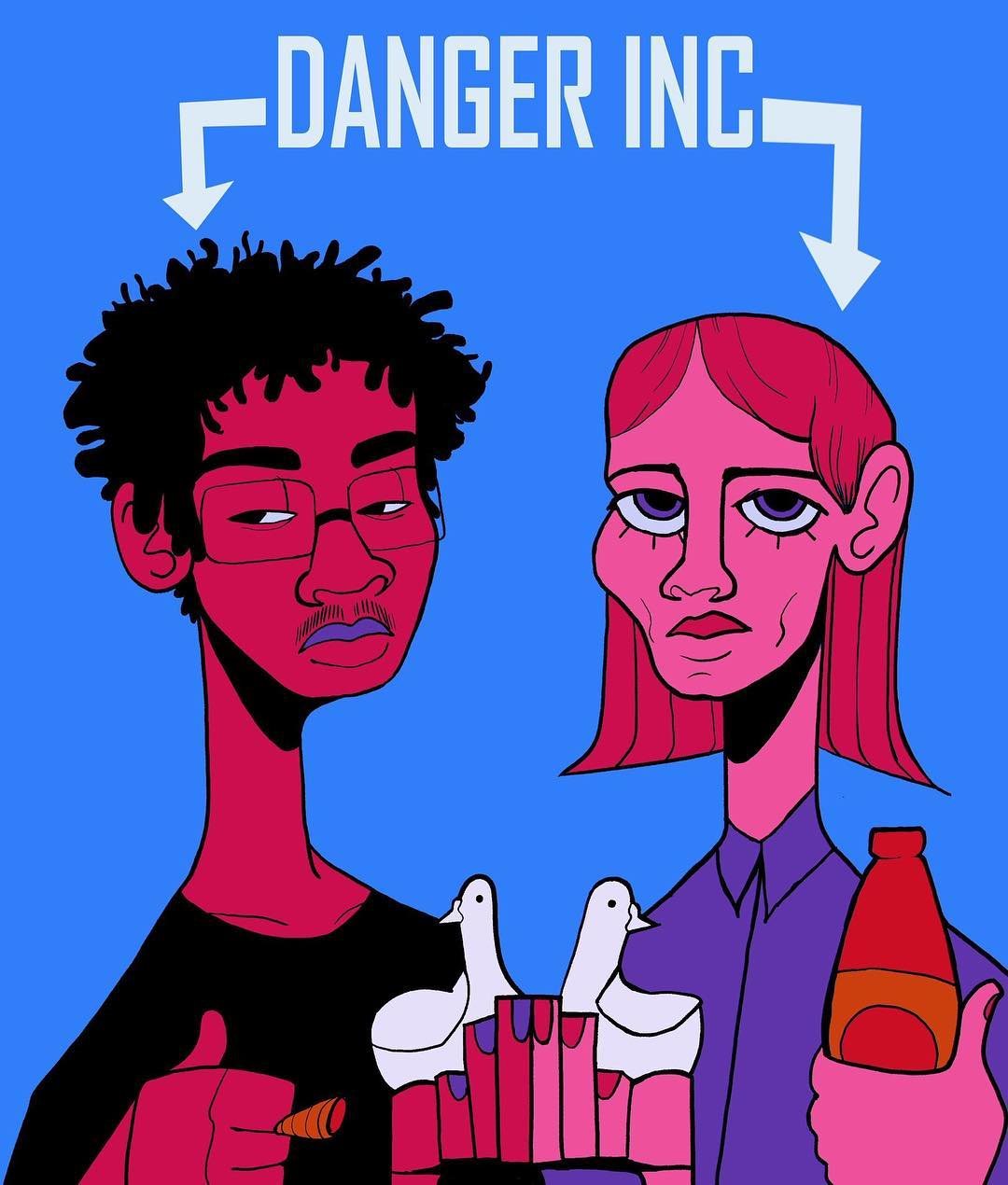 Two figures in flat pink and red tones on blue, one holding a bouquet of pigeons, under the words Danger Inc