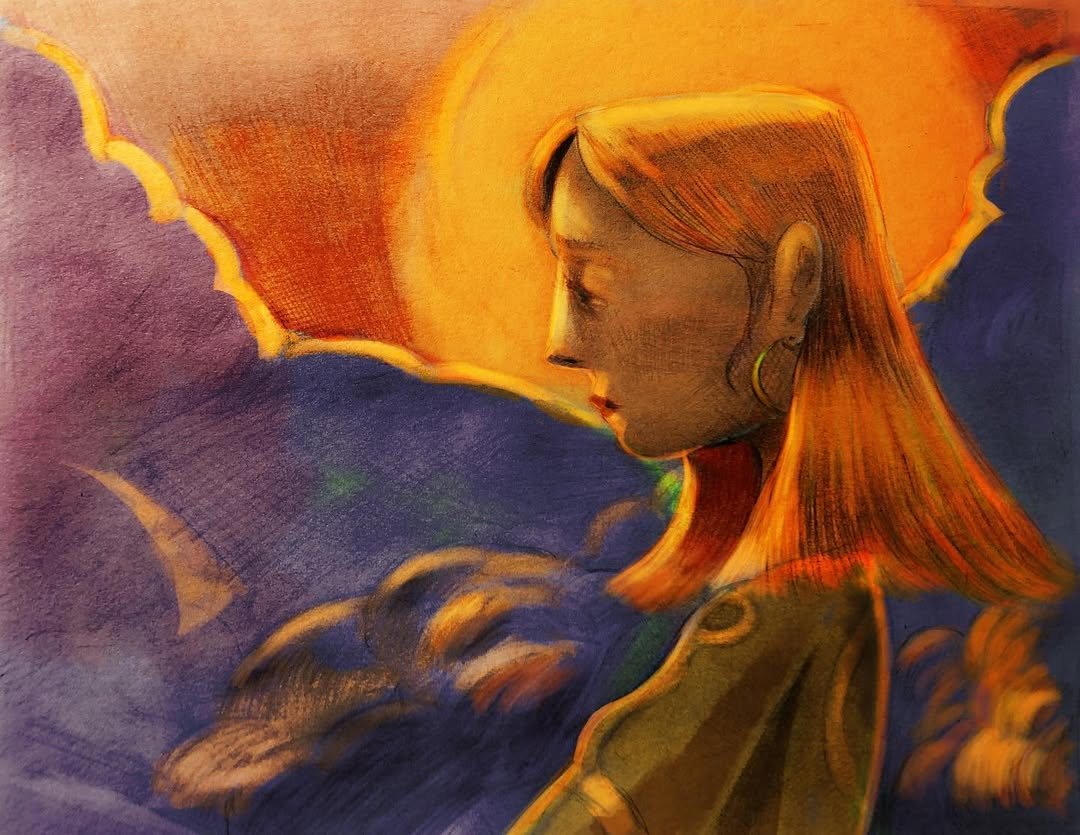 Profile of a woman with orange hair against purple clouds and an orange sky