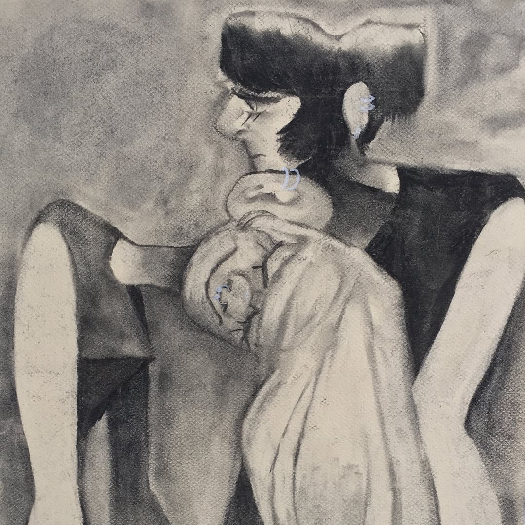 Charcoal drawing of a figure seen from behind holding another close