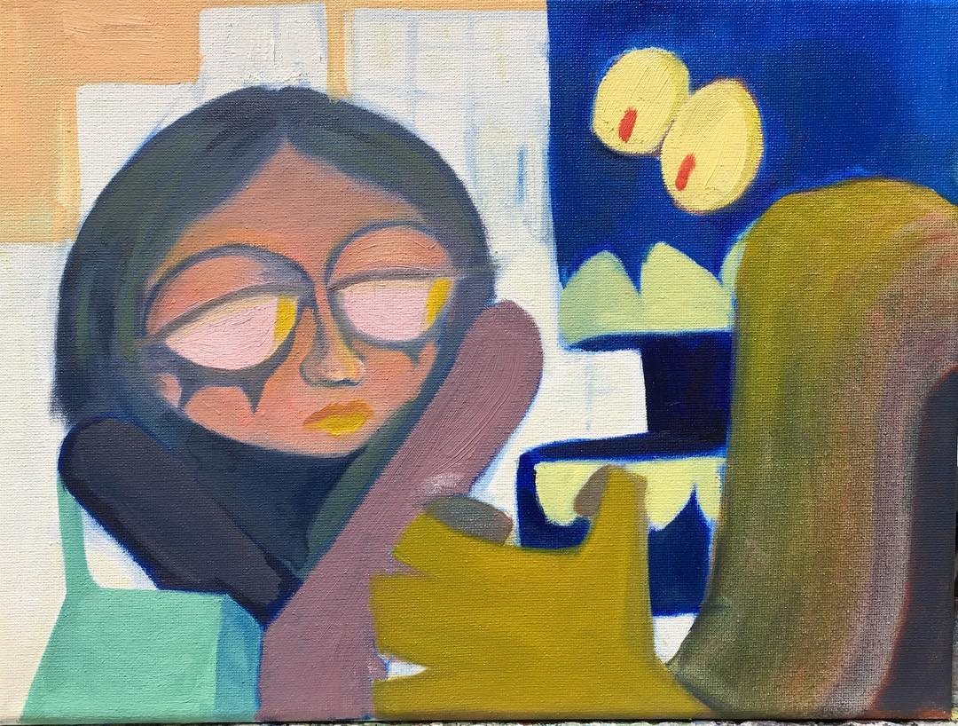 Oil painting of a figure in glasses resting against a shoulder, blue window behind
