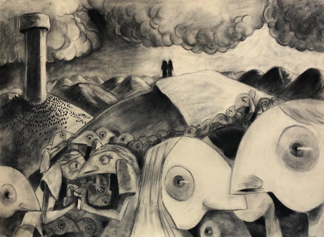 Charcoal landscape of hills crowded with faces and figures under a smoking tower