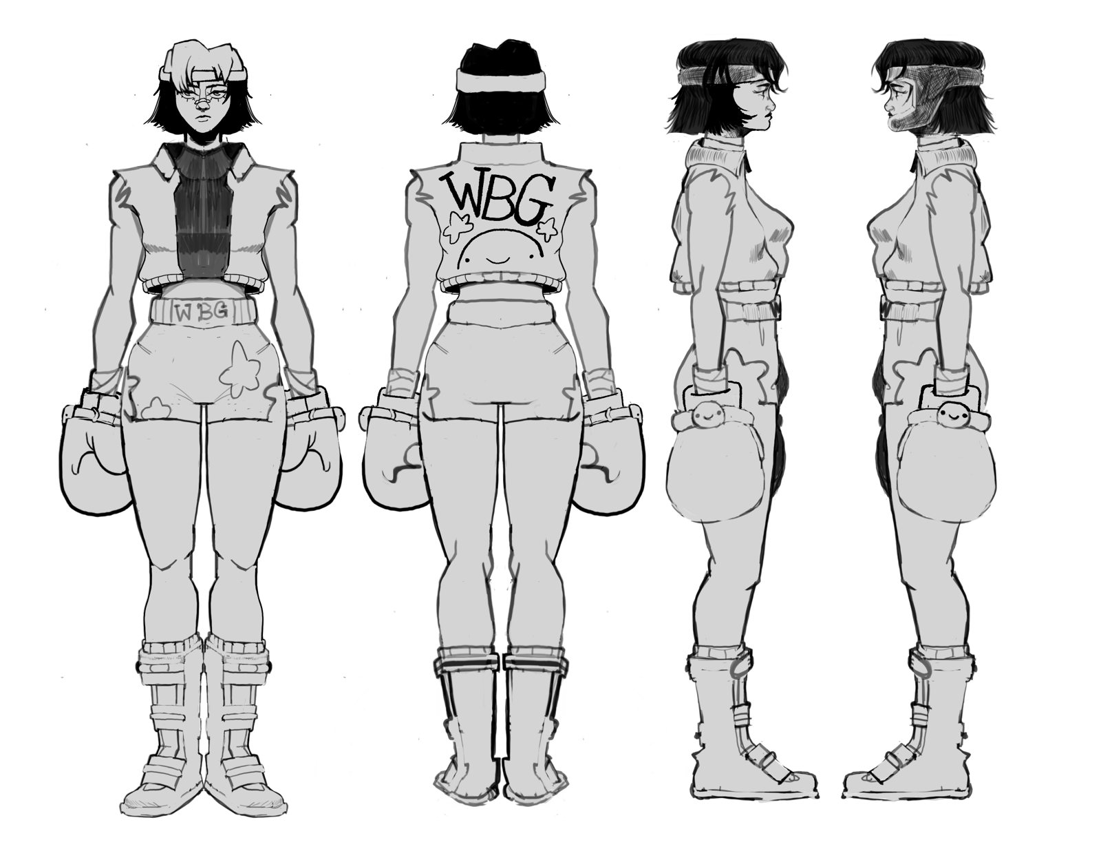 Front, back and side views of a character in a cropped jacket, shorts and boots